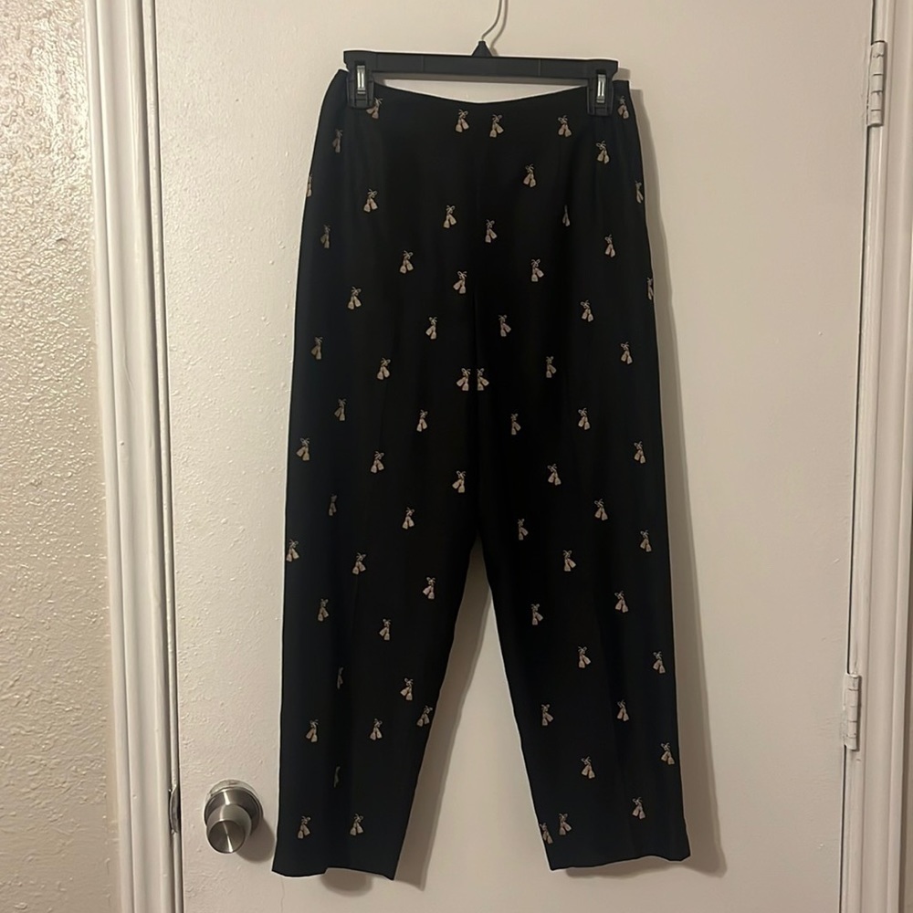 Talbots Black 100% Silk Tan‎ Tassel Embroidered Ankle Pants Size 4P